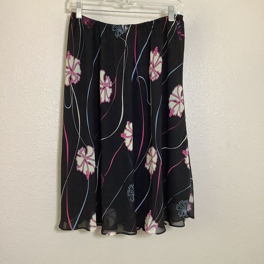 Vintage Y2K Black Tropical Hibiscus Flower Summer Beach Vacation Flowy Skirt 14W